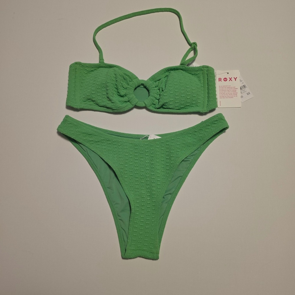 Roxy Textured Honeycomb Smocked O-Ring Bandeau Bikini Set Green Size Medium